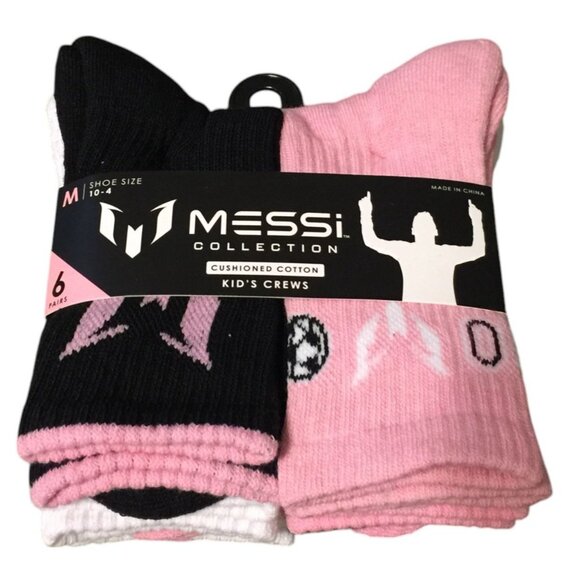 MESSI Collection Kid's Medium Crews Shoe Size 10-4 Set of 6 Pink Black - Picture 1 of 2